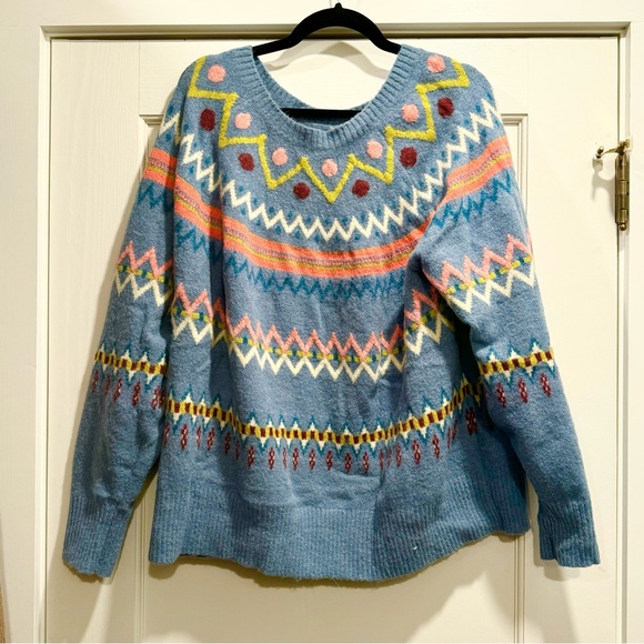 Sundance Glencoe Sweater Fair Isle Alpaca Wool Blend Blue Plus Size XXL cozy - Picture 4 of 12